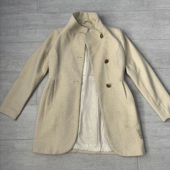 Jessica Simpson Jacquard Wool Coat Beige Gold Buttons Pockets Lined Long Jacket - Picture 2 of 9